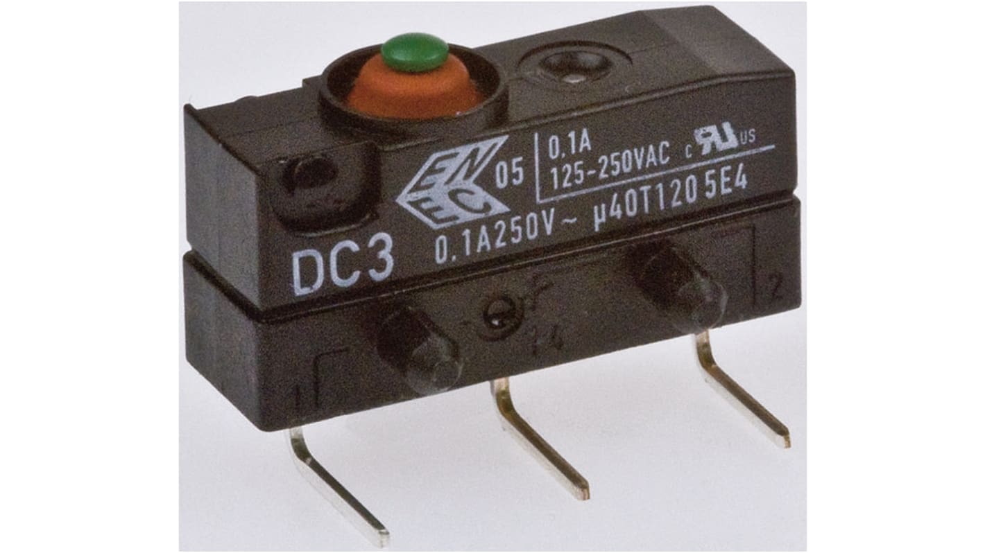 ZF Button Microswitch, Solder Terminal, 100 mA @ 30 V dc, SPDT, IP6K7