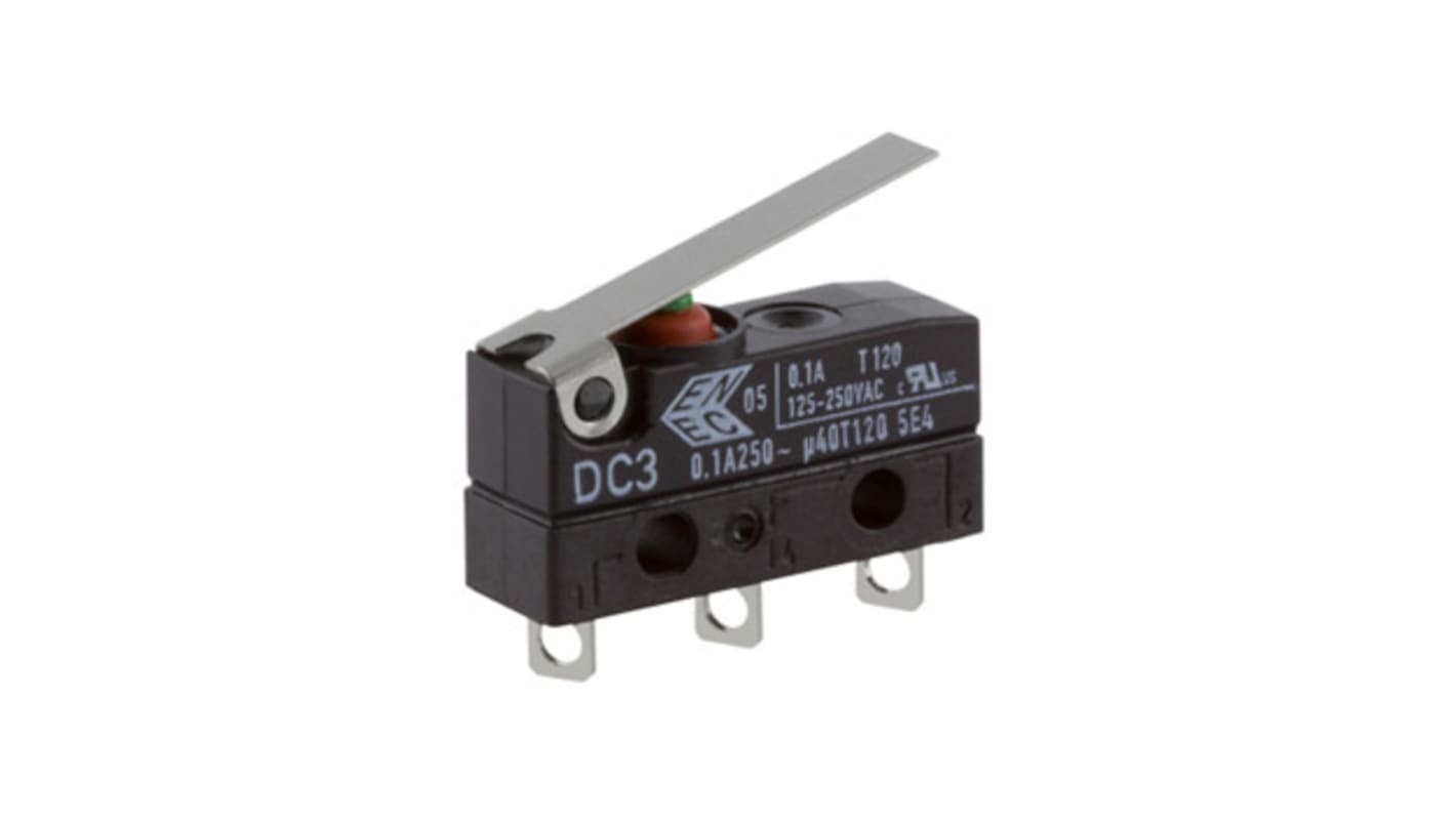 ZF Short Lever Micro Switch, Solder Terminal, 100 mA @ 30 V dc, SPDT, IP6K7