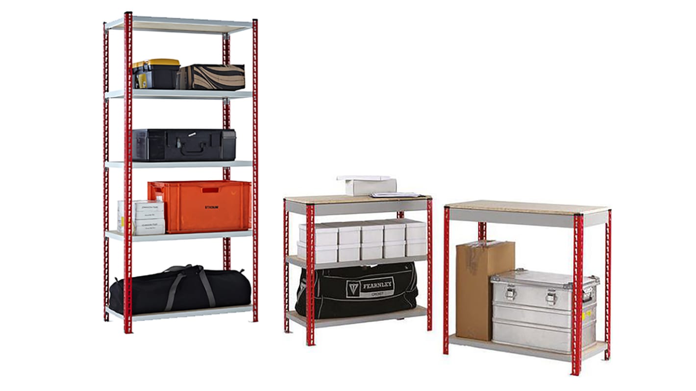 RS PRO Grey, Red Steel Twinspan Shelving System, 900mm x 2000mm, 450mm, 1000kg Load