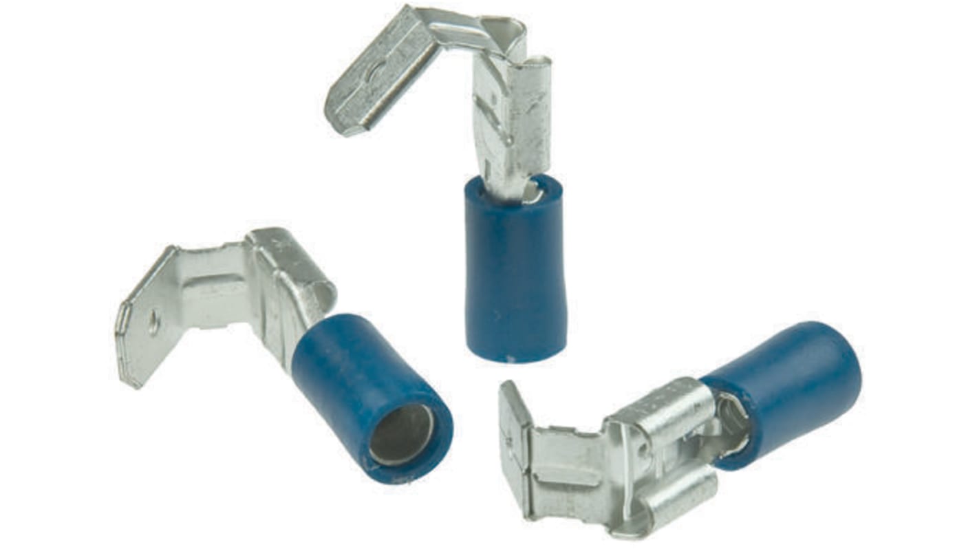 RS PRO Blue Insulated Female Spade Connector, Piggyback Terminal, 6.35 x 0.8mm Tab Size, 1.5mm² to 2.5mm²