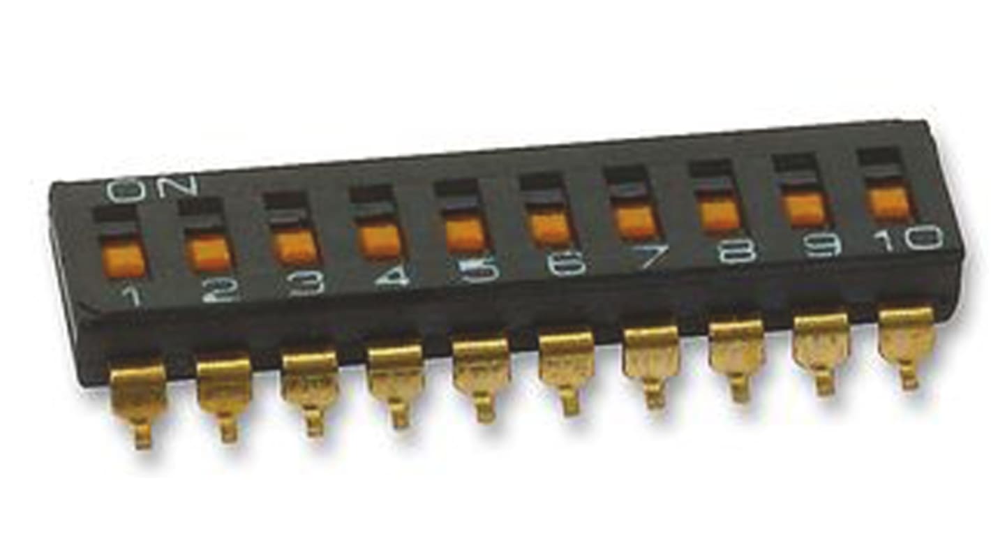 Interruttore DIP A6S-0102-H, 10P, 25 mA a 24 V cc, 10 posizioni, attuatore a Slitta, Montaggio superficiale