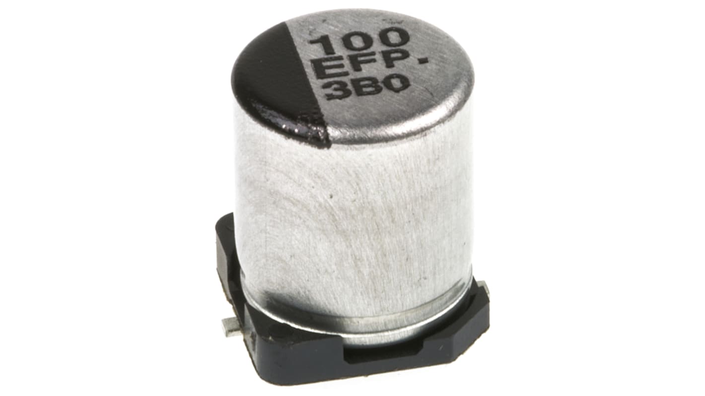 Condensatore elettrolitico Panasonic, serie FP, 100μF, 25V cc, ±20%, +105°C, SMD