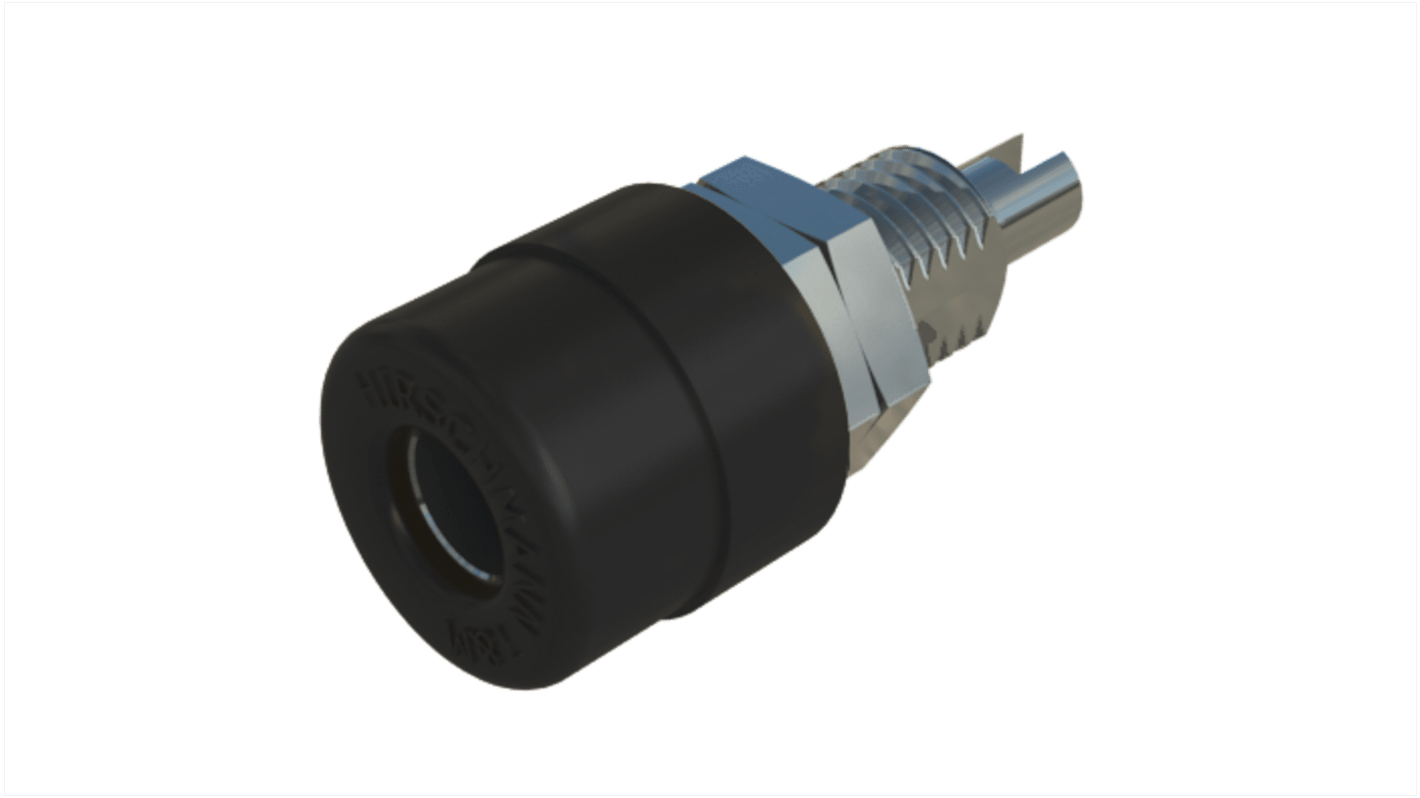 Hirschmann 4 mm香蕉插座, 黑色, 30 V ac, 60V 直流, 32A, 焊接式, 23.5mm长, 镀锡