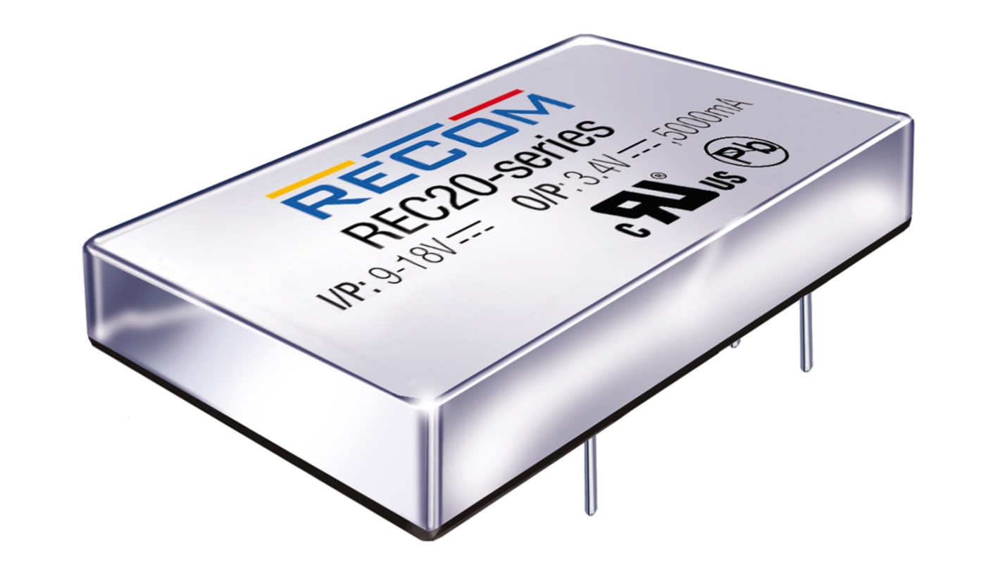 Recom REC20 DC/DC-Wandler 20W 24 V dc IN, 15V dc OUT / 1.34A Durchsteckmontage 1.6kV dc isoliert