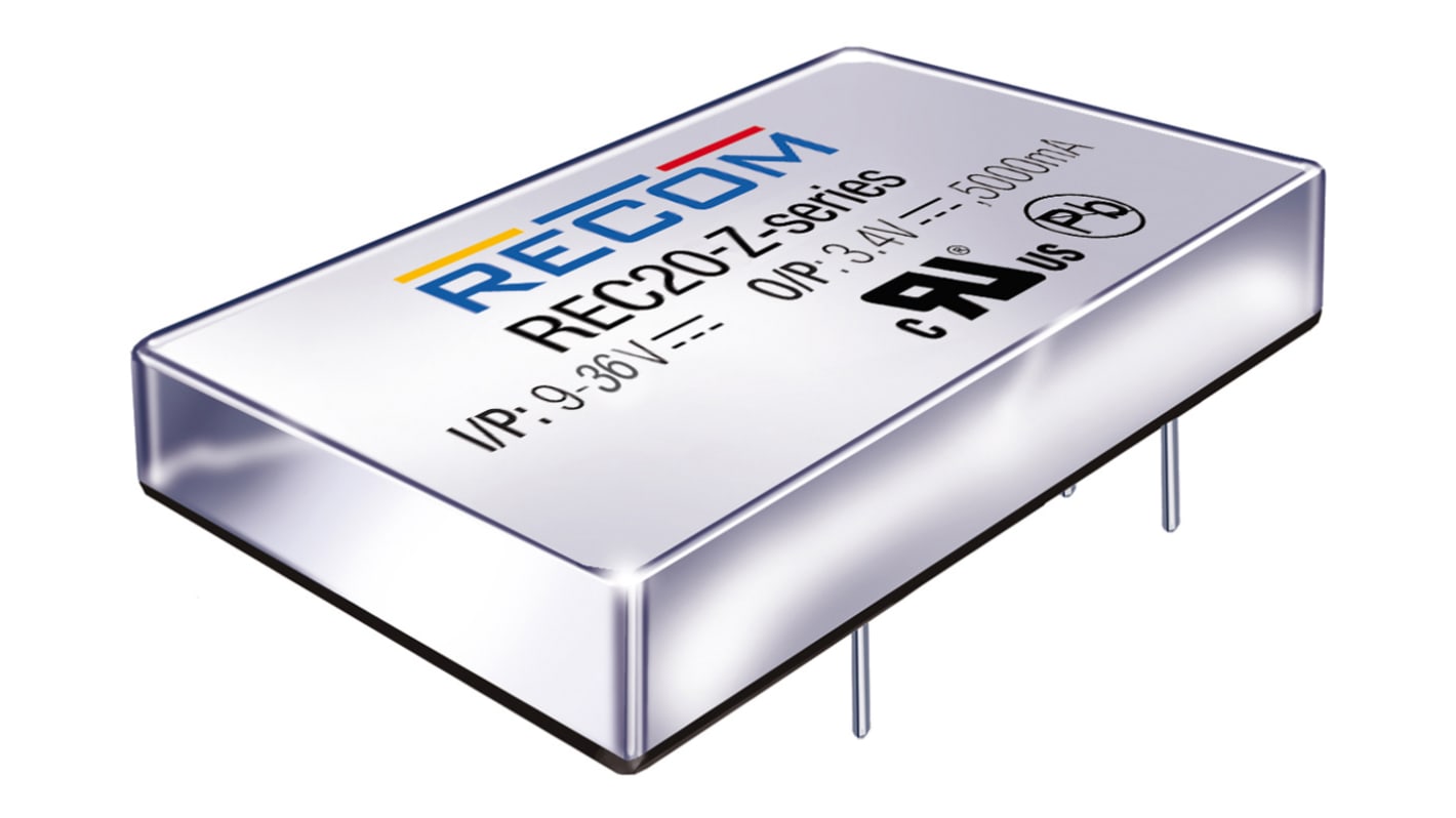 Recom REC20-Z DC-DC Converter, 15V dc/ 1.33A Output, 9 → 36 V dc Input, 20W, Through Hole, +100°C Max Temp -40°C