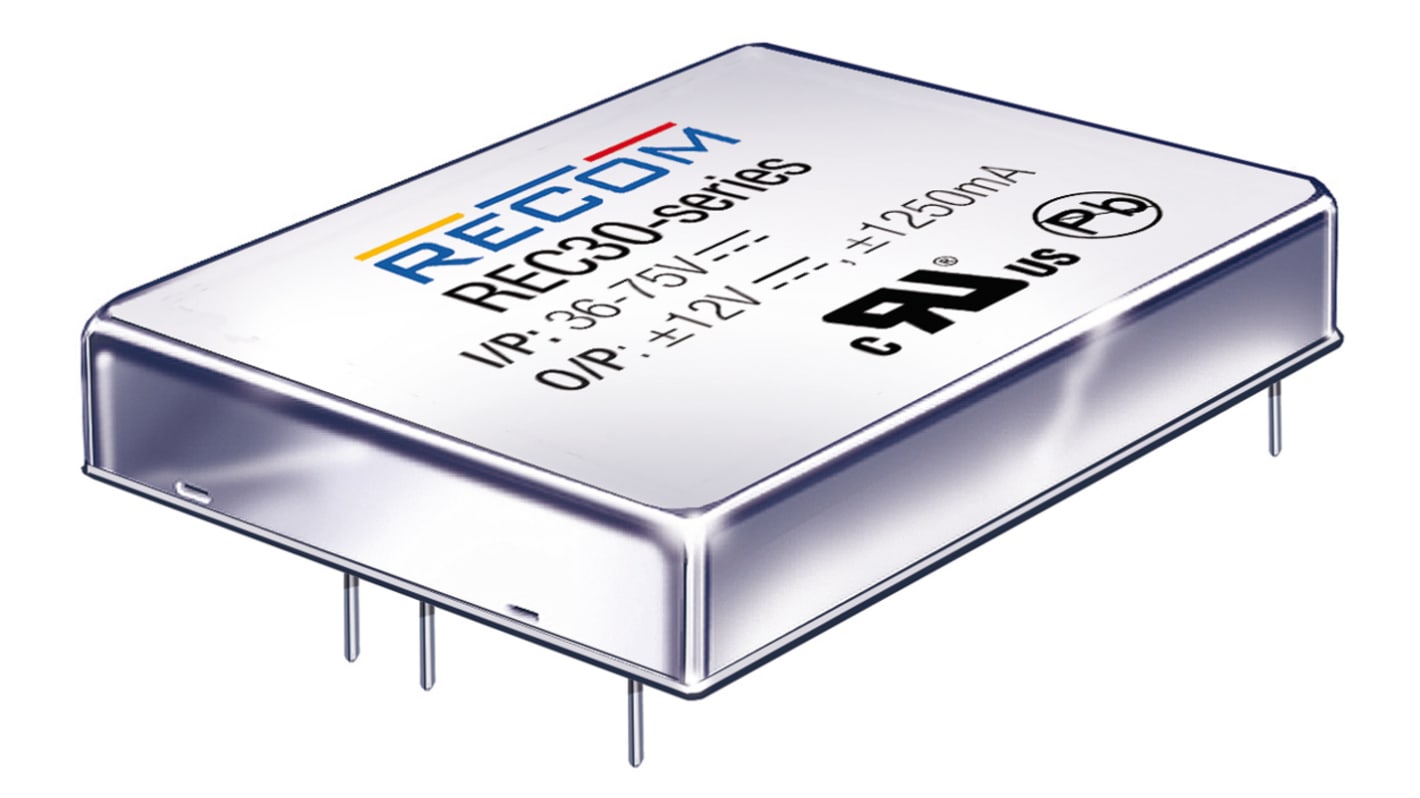 Recom REC30 DC-DC Converter, 12V dc/ 2.5A Output, 18 → 36 V dc Input, 30W, Through Hole, +85°C Max Temp -40°C