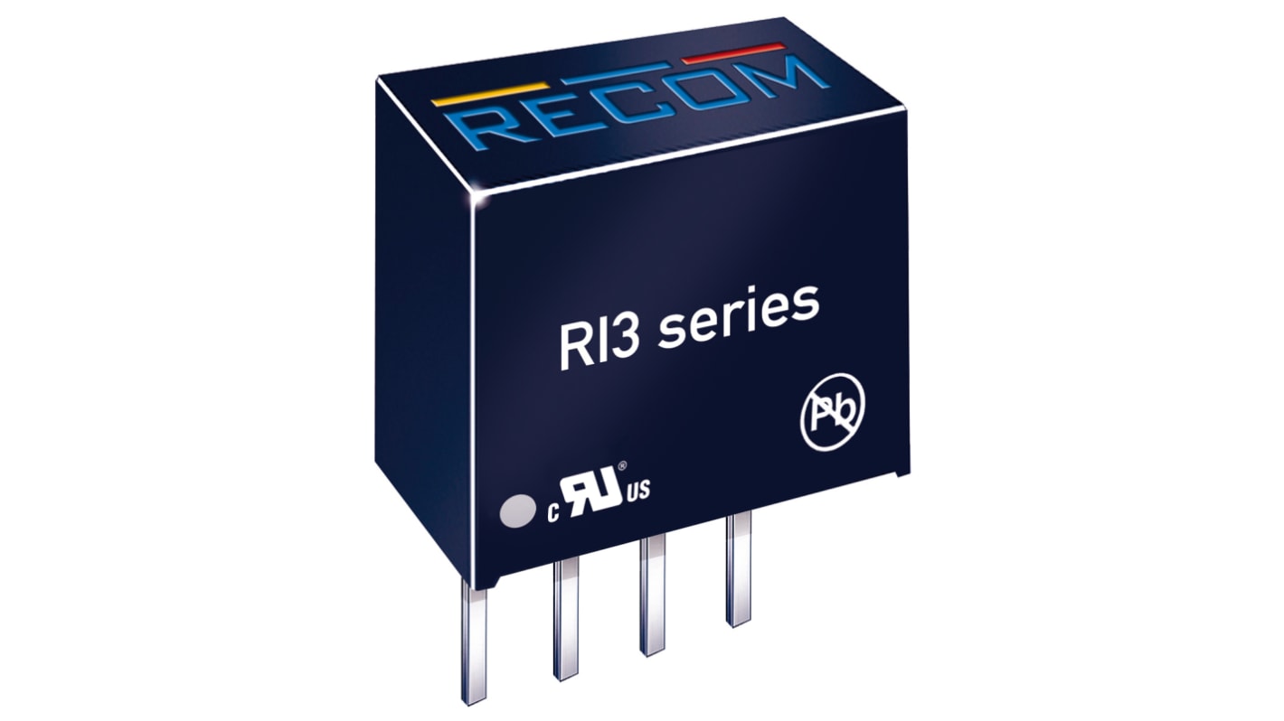 Recom RI3 DC-DC Converter, 5V dc/ 600mA Output, 24 V dc Input, 3W, Through Hole, +85°C Max Temp -40°C Min Temp