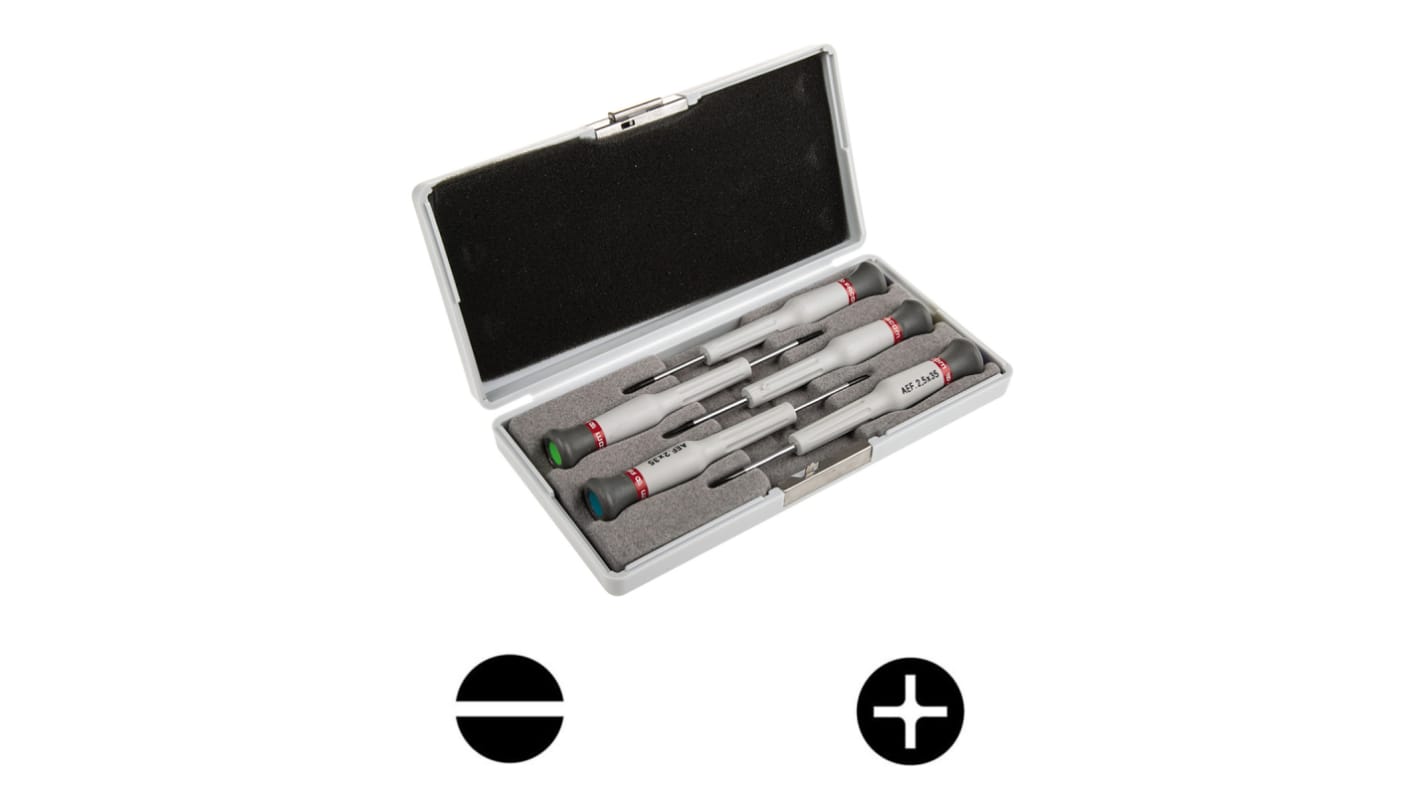 Facom 精密螺丝刀套装, 十字；一字刀头, 一字：1.5；1.8；2；2.5 mm；十字：PH00规格
