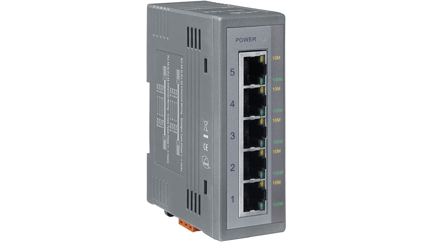 ICP DAS USA DIN Rail Mount Ethernet Switch, 5 RJ45 Ports