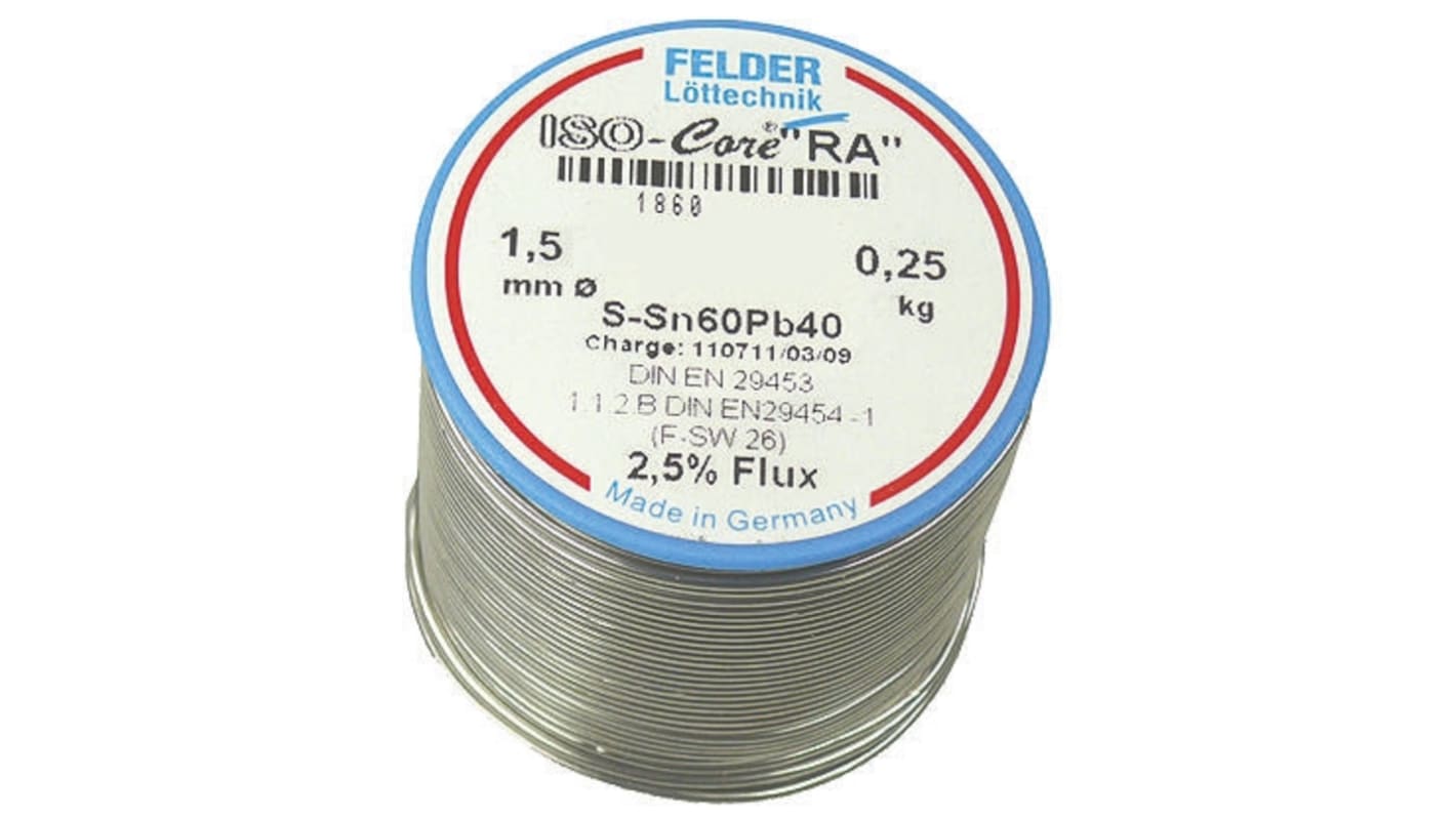 Fil à souder Felder Lottechnik 1.5mm, 250g, Plomb 40%, Etain 60%, fusion à 183°C