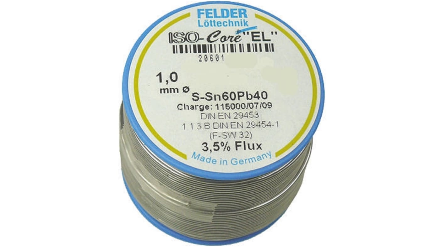 Fil à souder Felder Lottechnik 1mm, 100g, Plomb 40%, Etain 60%, fusion à 183°C