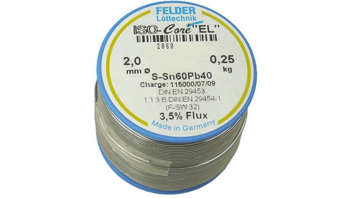 Fil à souder Felder Lottechnik 2mm, 250g, Plomb 40%, Etain 60%, fusion à 183°C