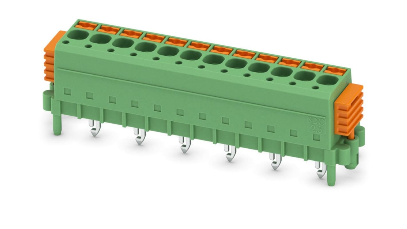 Phoenix Contact PCB端子排, 12p, 5mm间距, 12A, 320 V, THT安装, 螺钉端接, 直向, 绿色, SDC 2.5/12-PV-5.0-ZB系列