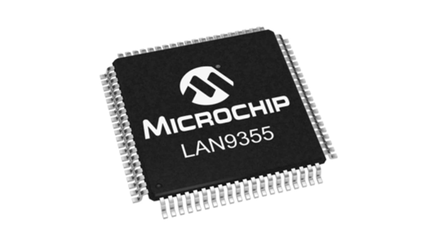 Microchip LAN9355I/PT, Ethernet Switch IC, 10Mbps MDI.MDIX,MII,MIIM,RMII, Turbo MII, 1.2 V, 3.3 V, 80-Pin TQFP-EP