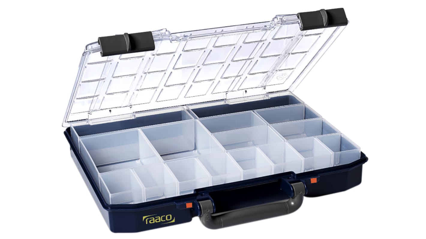 Raaco 16格零件收纳盒, 337mm x 57mm x 278mm, 可调储物格带透明盖板, PP, Carrylite 55 4x8-16.
