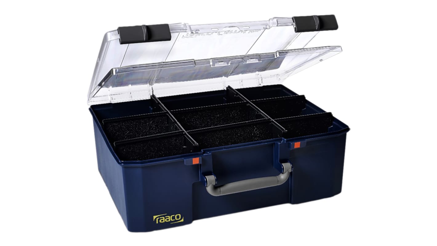 Raaco 零件收纳盒, 413mm x 148mm x 330mm, 可调储物格带透明盖板, PP, Carrylite 150-9 DL