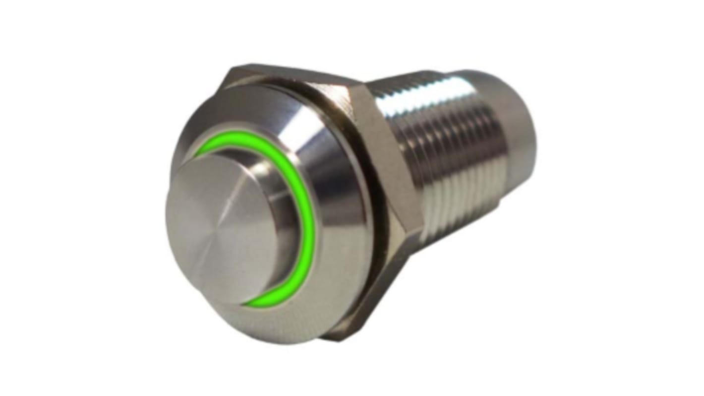 RS PRO Illuminated Push Button Switch, Latching, Panel Mount, 12mm Cutout, SPST, Green LED, 36V dc, 250V ac, IP40