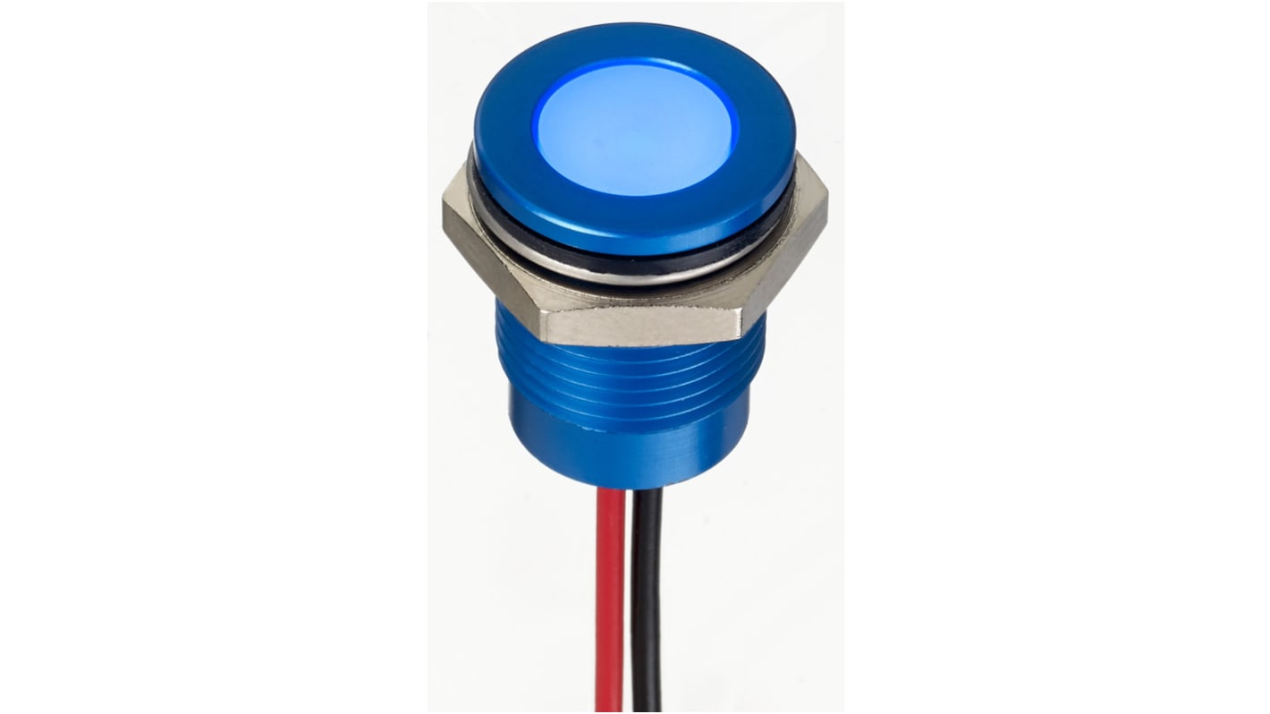 Indicador LED RS PRO, Azul, lente enrasada, marco Azul, Ø montaje 14mm, 24V dc, 20mA, 100mcd, IP67