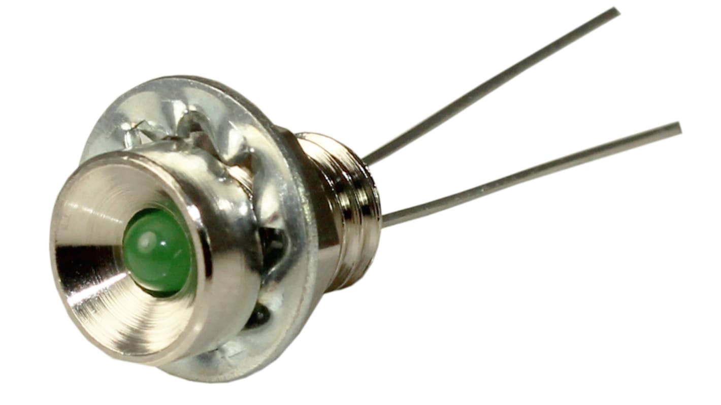 Indicador LED RS PRO, Verde, lente rebajada, marco Cromo, Ø montaje 6.5mm, 2V dc, 10mA, 1.5mcd