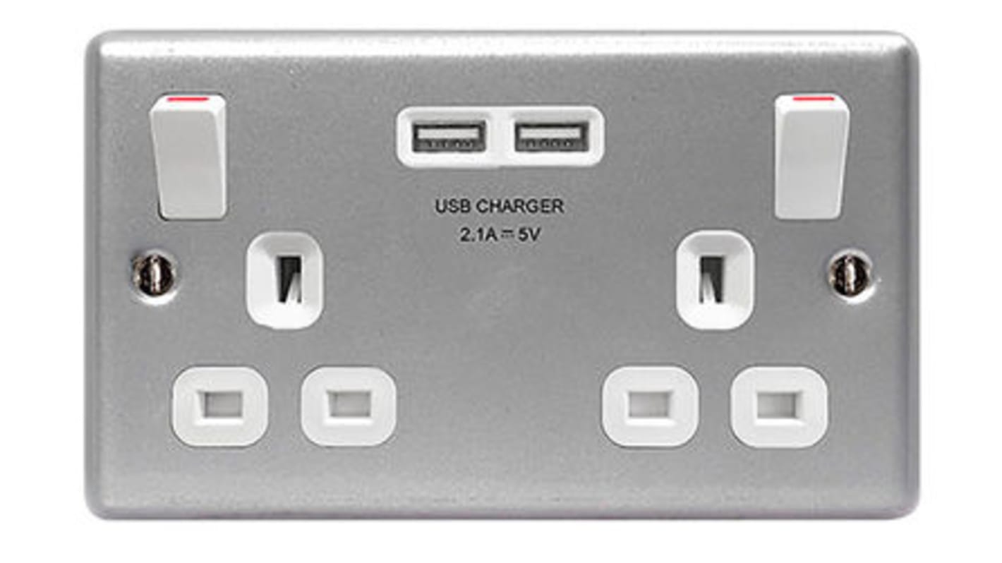Amphenol FCI 2 Gang Plug Socket, 2 Poles, 13A, Type G - British, USB