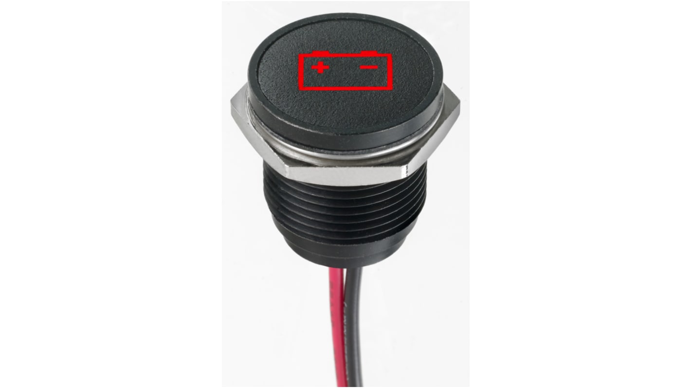 APEM 红色LED面板指示灯, 12V 直流, 20mA, Φ16mm安装孔, 引线端接, 嵌入式边框, 黑色边框, IP67