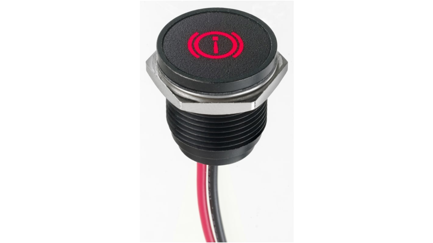 APEM Red Panel Mount Indicator, 12V dc, 16mm Mounting Hole Size, Lead Wires Termination, IP67