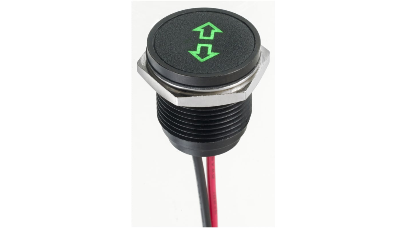 APEM 绿色LED面板指示灯, 12V 直流, 20mA, Φ16mm安装孔, 引线端接, 嵌入式边框, 黑色边框, IP67