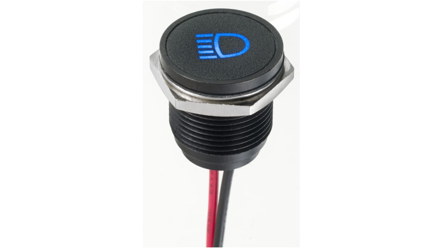APEM 蓝色LED面板指示灯, 12V 直流, 20mA, Φ16mm安装孔, 引线端接, 嵌入式边框, 黑色边框, IP67