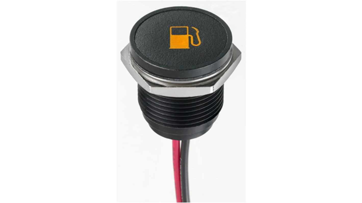 APEM 橙色LED面板指示灯, 12V 直流, 20mA, Φ16mm安装孔, 引线端接, 嵌入式边框, 黑色边框, IP67