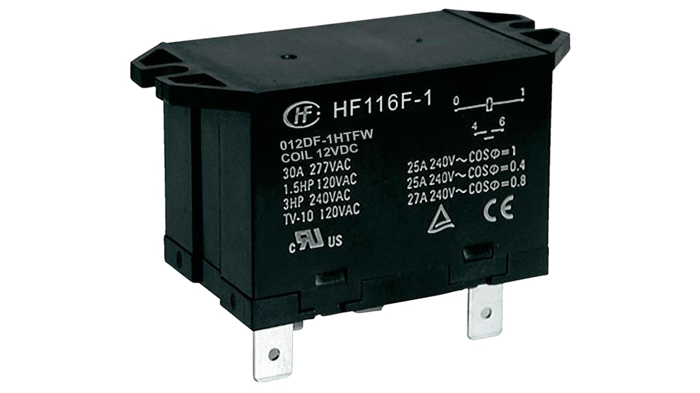 Hongfa Europe GMBH 功率继电器, 12V 直流线圈, 30A切换, SPST, 1极, 法兰安装, 银合金触点