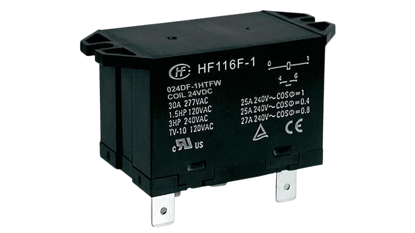 Hongfa Europe GMBH Flange Mount Power Relay, 24V dc Coil, 30A Switching Current, SPST