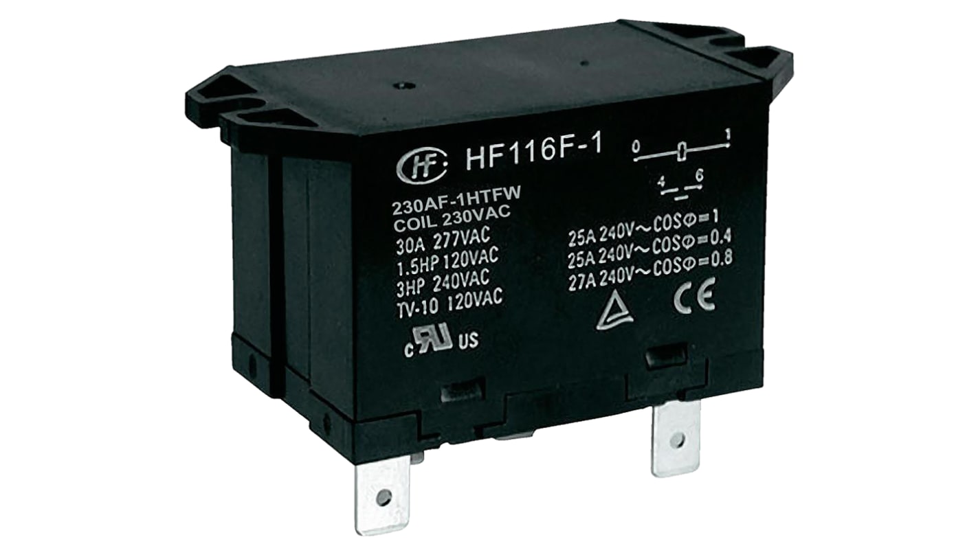 Hongfa Europe GMBH Flange Mount Power Relay, 230V ac Coil, 30A Switching Current, SPST