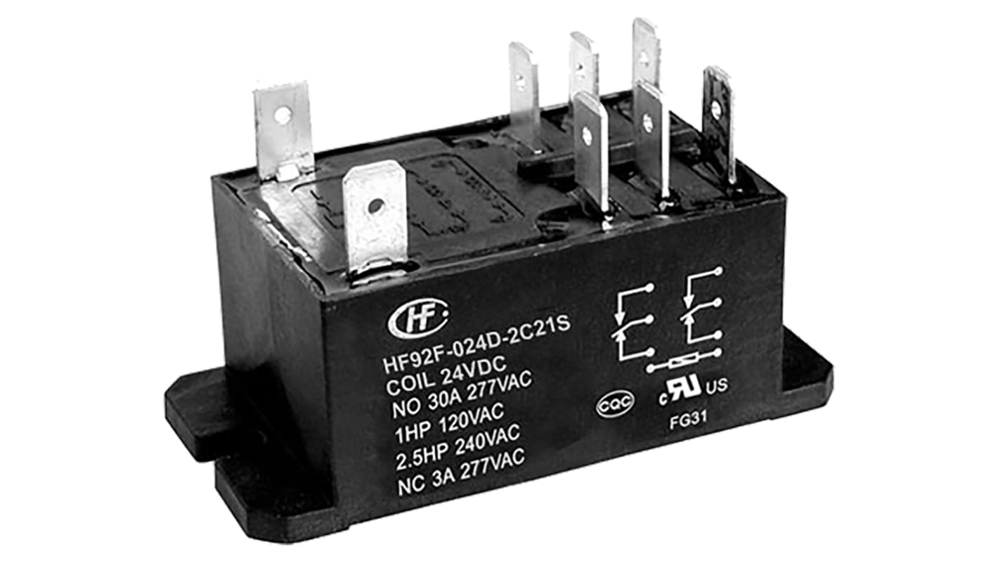 Hongfa Europe GMBH 功率继电器, 24V 直流线圈, 30A切换, DPDT, 1极, 法兰安装, 银合金触点