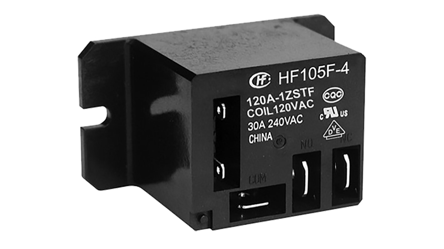 Relé de potencia sin enclavamiento Hongfa Europe GMBH de 1 polo, SPDT, bobina 120V ac, 20A, Montaje por reborde