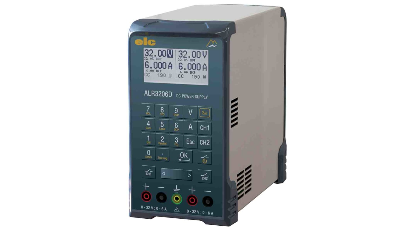 Alimentatore da banco ELC, 2 uscite, 0 → 32V, 6A, 390W, Cert. ISO