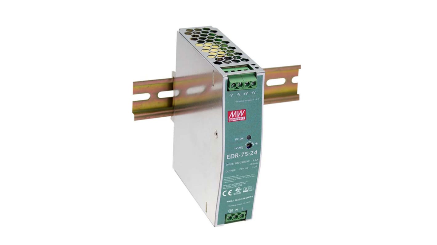 MEAN WELL EDR Switched Mode DIN Rail Power Supply, 90 → 264V ac ac Input, 12V dc dc Output, 6.3A Output, 75W