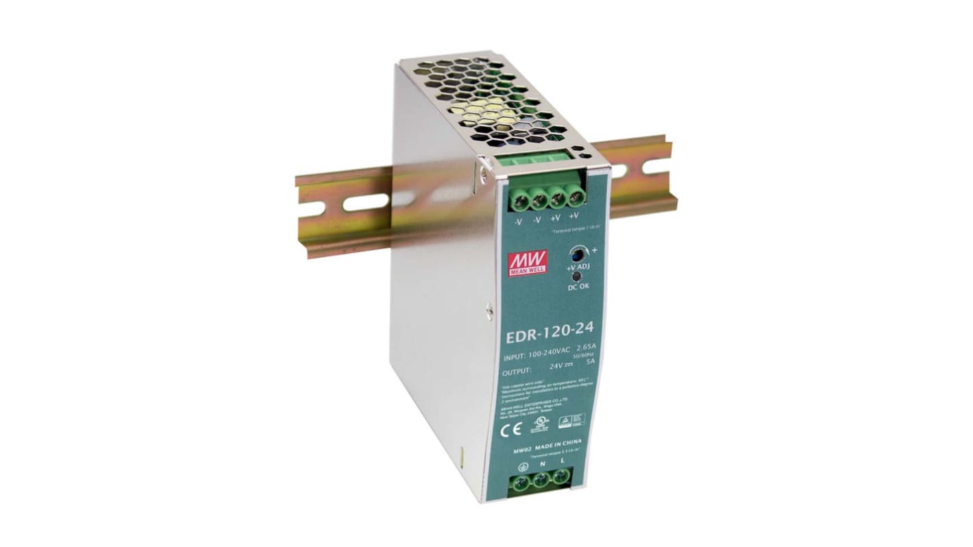 MEAN WELL EDR Switched Mode DIN Rail Power Supply, 90 → 264V ac ac Input, 24V dc dc Output, 5A Output, 120W