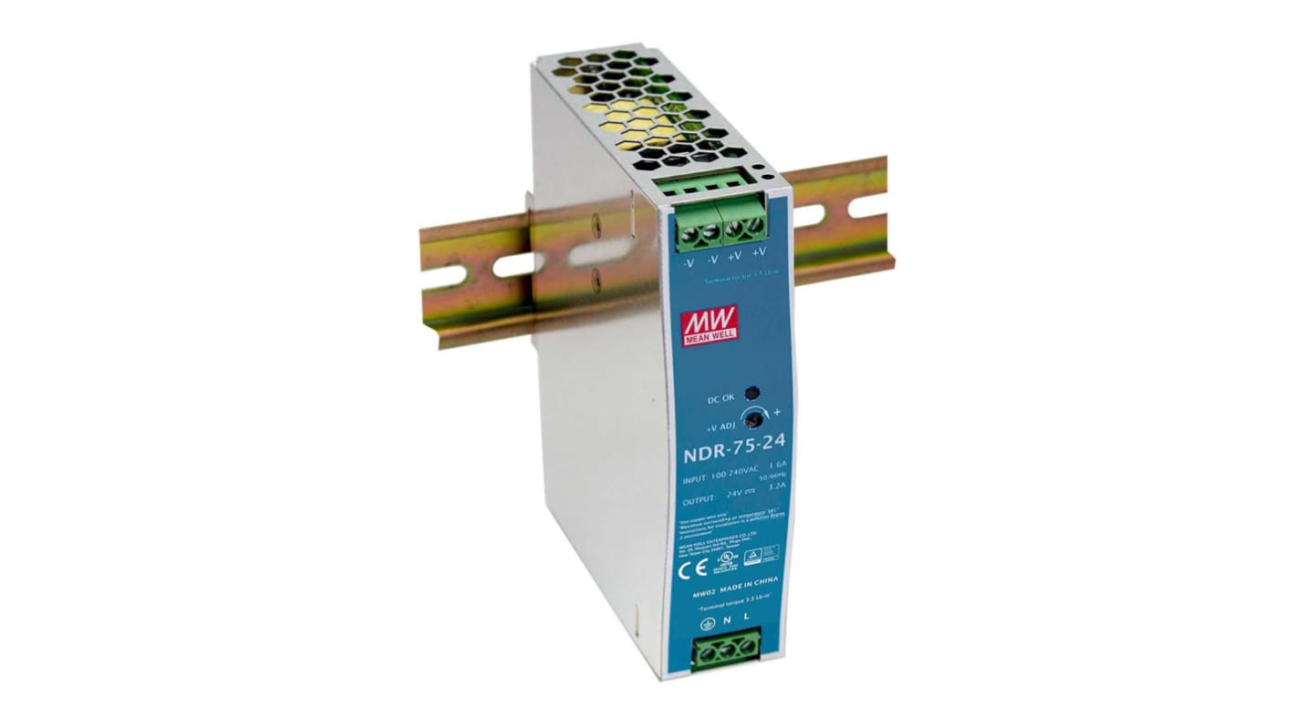 MEAN WELL NDR DIN-Schienen Netzteil Getaktet 48V dc / 1.6A 75W 90 → 264V ac