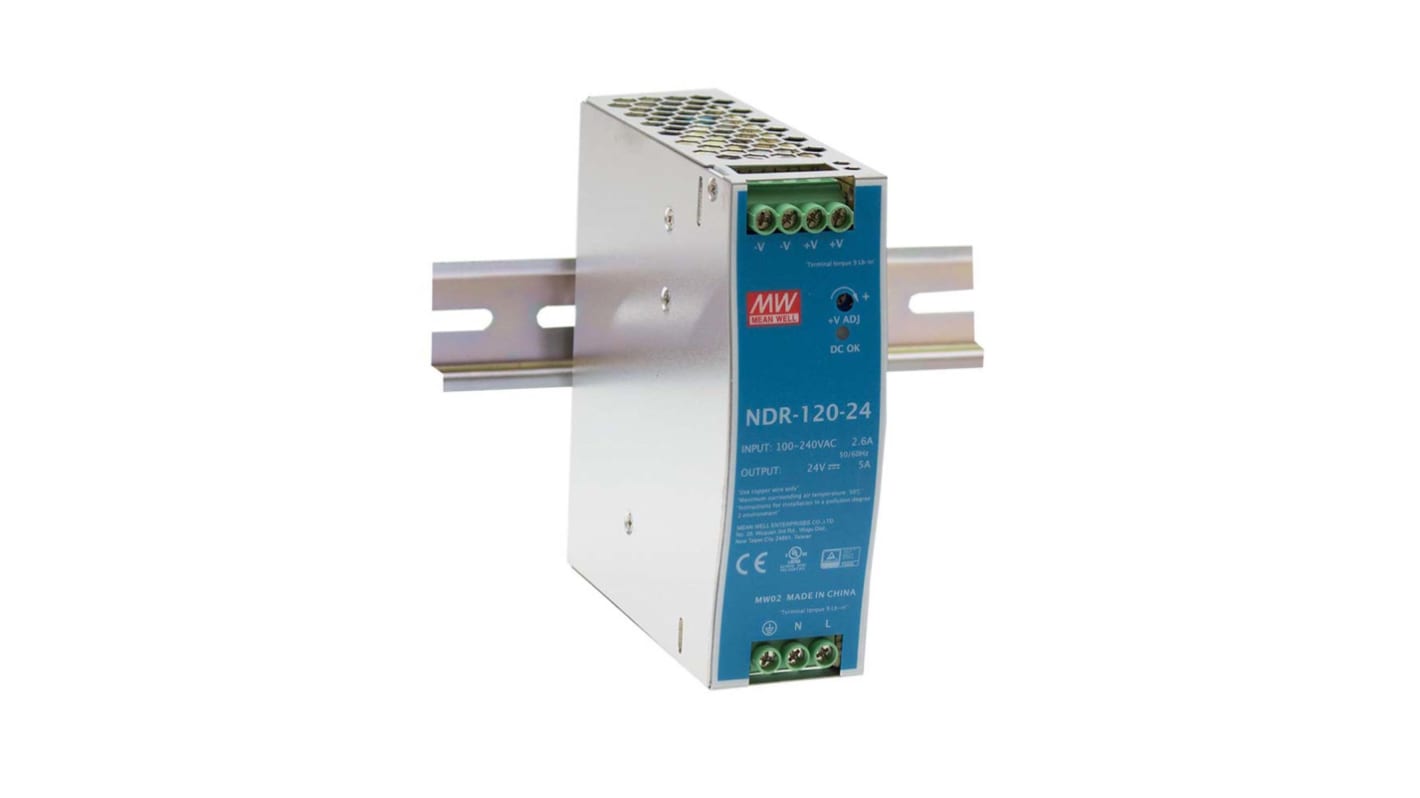 MEAN WELL NDR Switched Mode DIN Rail Power Supply, 90 → 264V ac ac Input, 12V dc dc Output, 10A Output, 120W