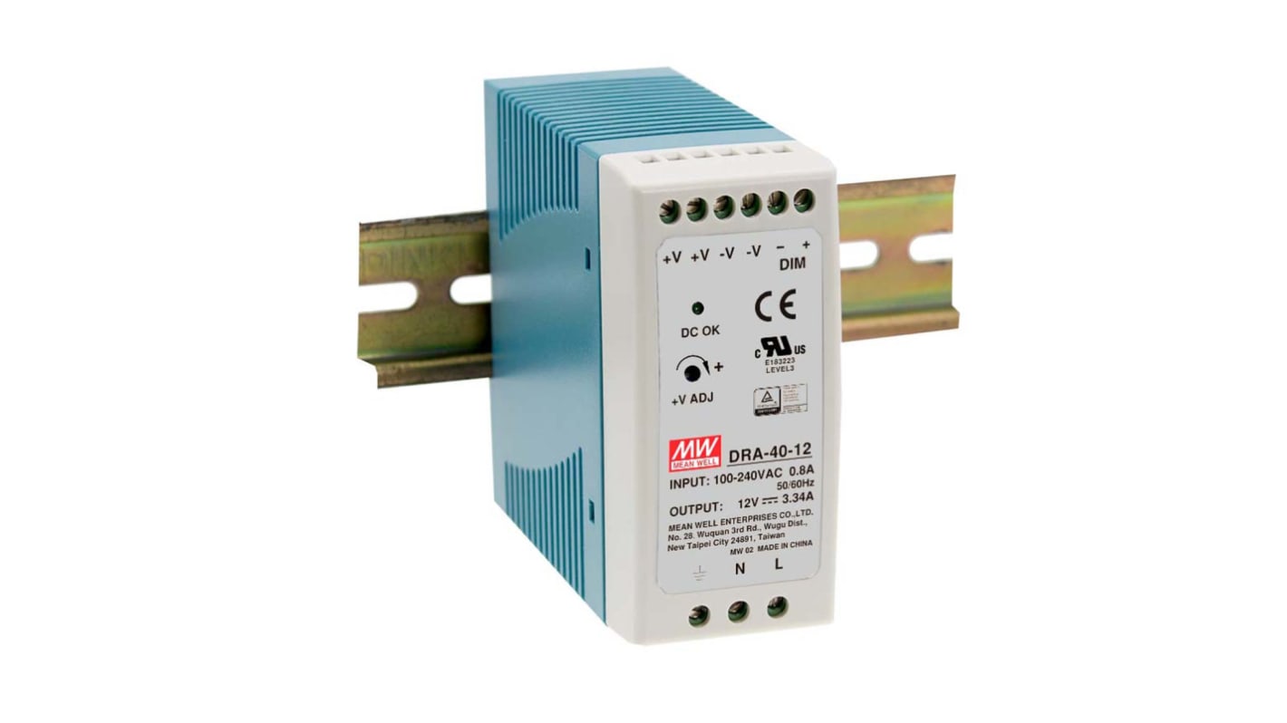 MEAN WELL DRA Switched Mode DIN Rail Power Supply, 90 → 264 V ac / 120 →370V dc ac, dc Input, 12V dc dc