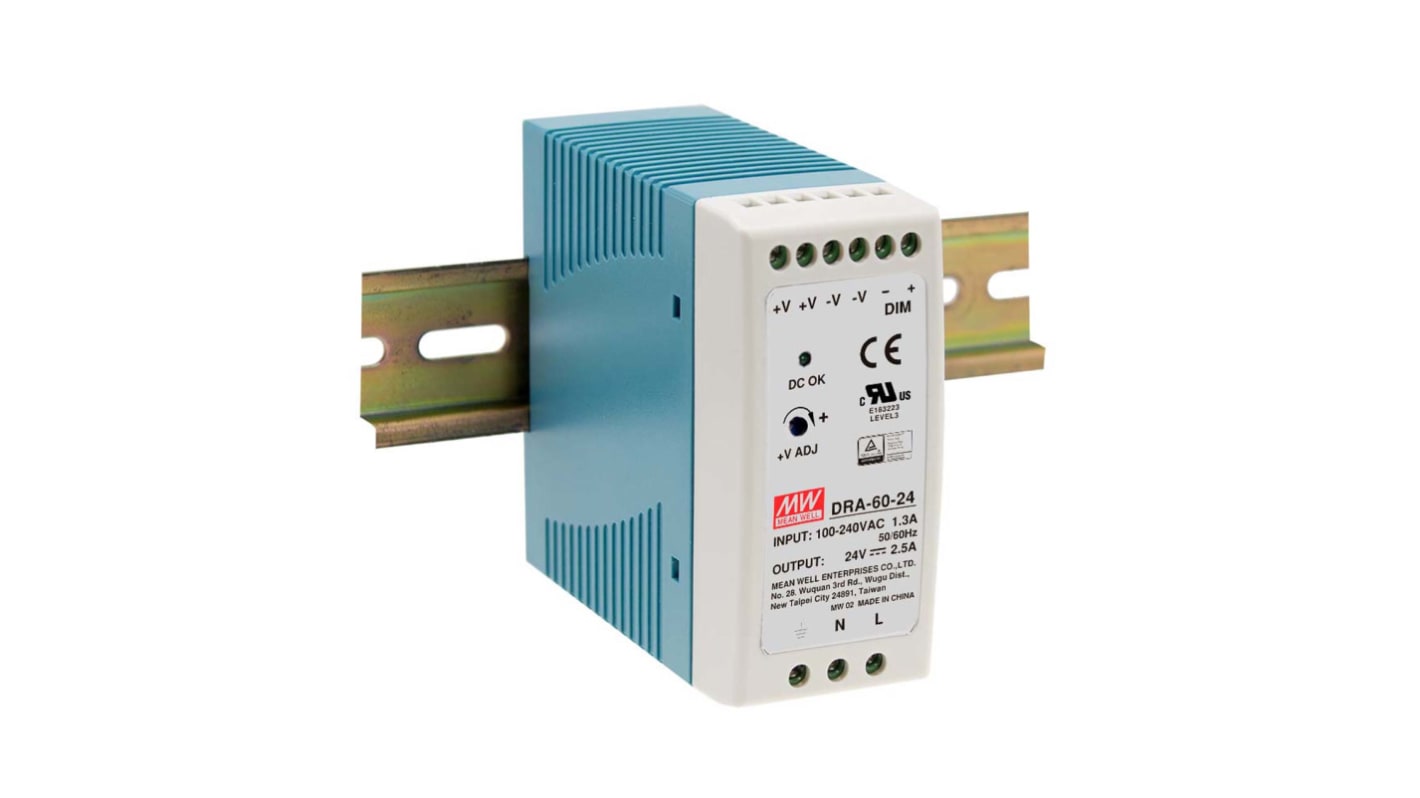 MEAN WELL DRA Switched Mode DIN Rail Power Supply, 90 → 264 V ac / 120 →370V dc ac, dc Input, 12V dc dc