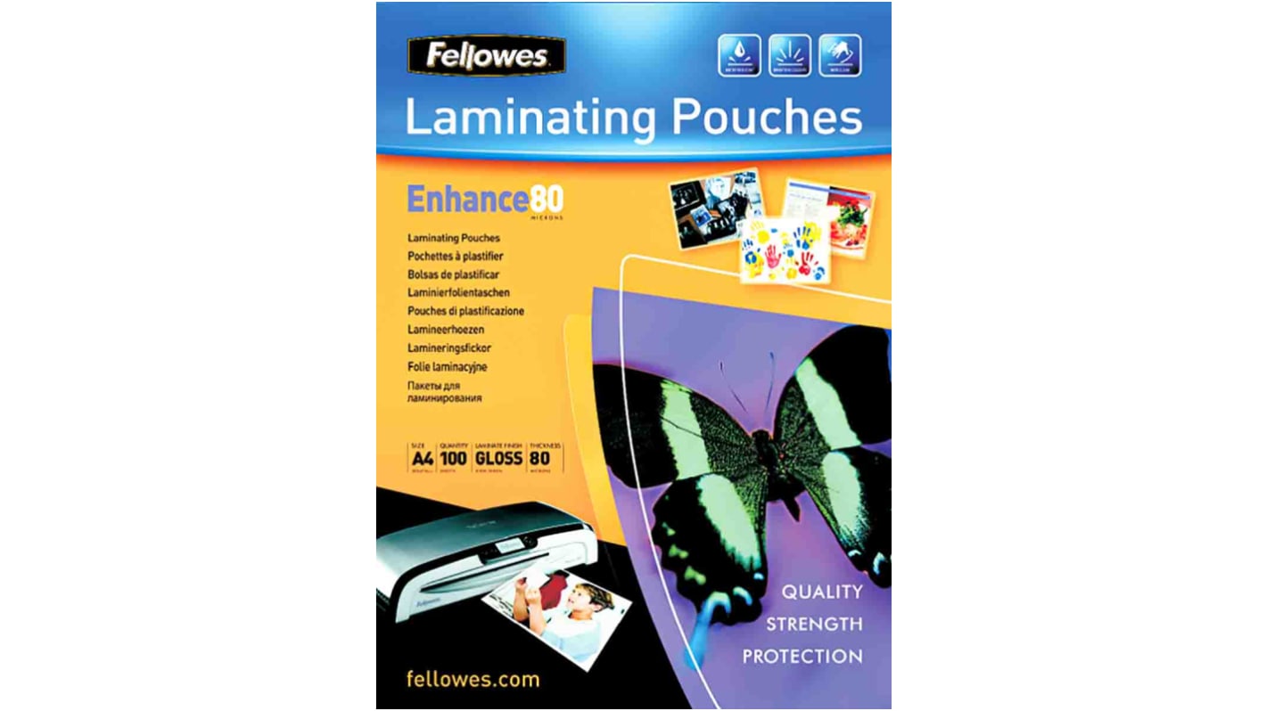 Fellowes Laminiertasche, A4, 80Mikrometer, Glänzend, 100 Stück H. 188mm B. 258mm
