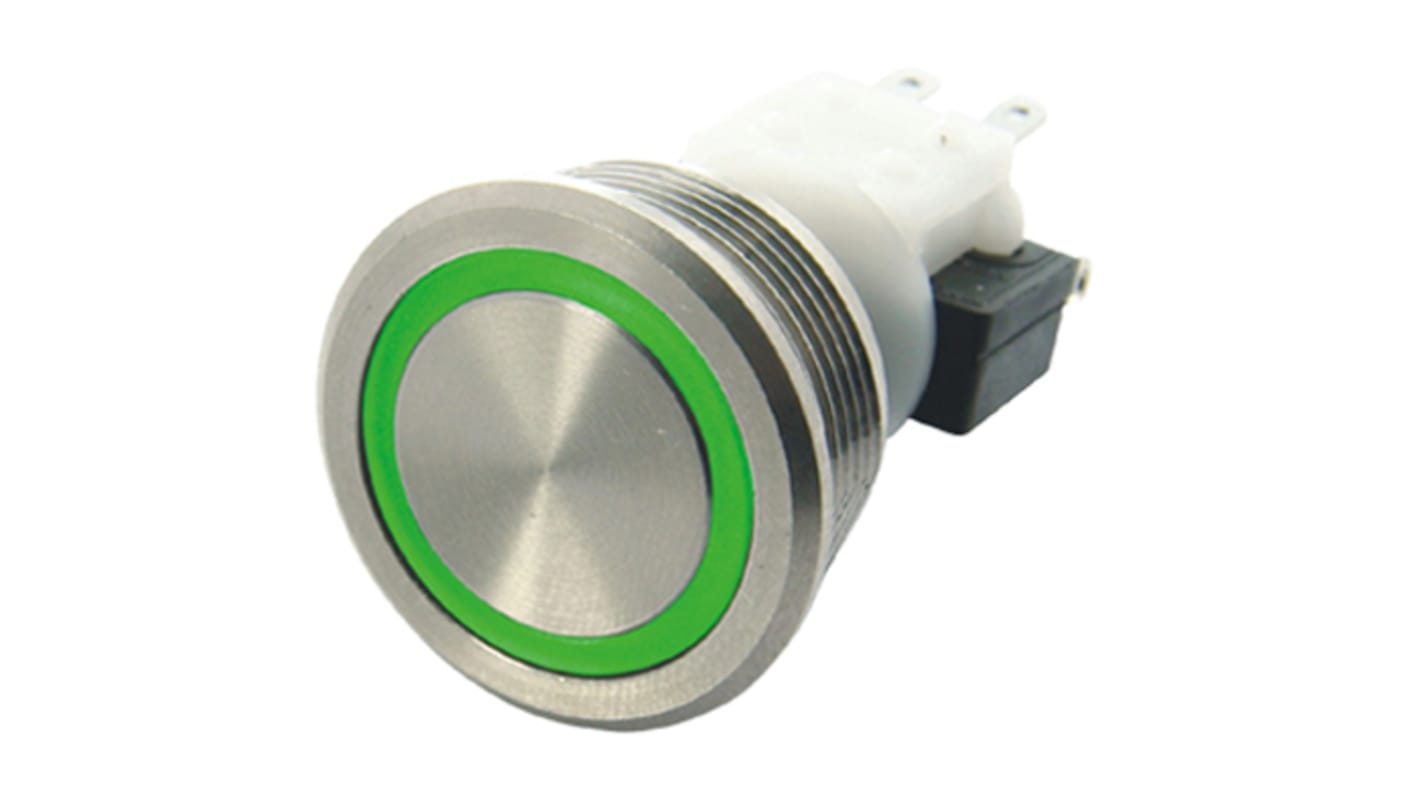 ITW Switches H48M Series Illuminated Push Button Switch, Momentary, Panel Mount, 19.56mm Cutout, SPDT, Green LED, 250V