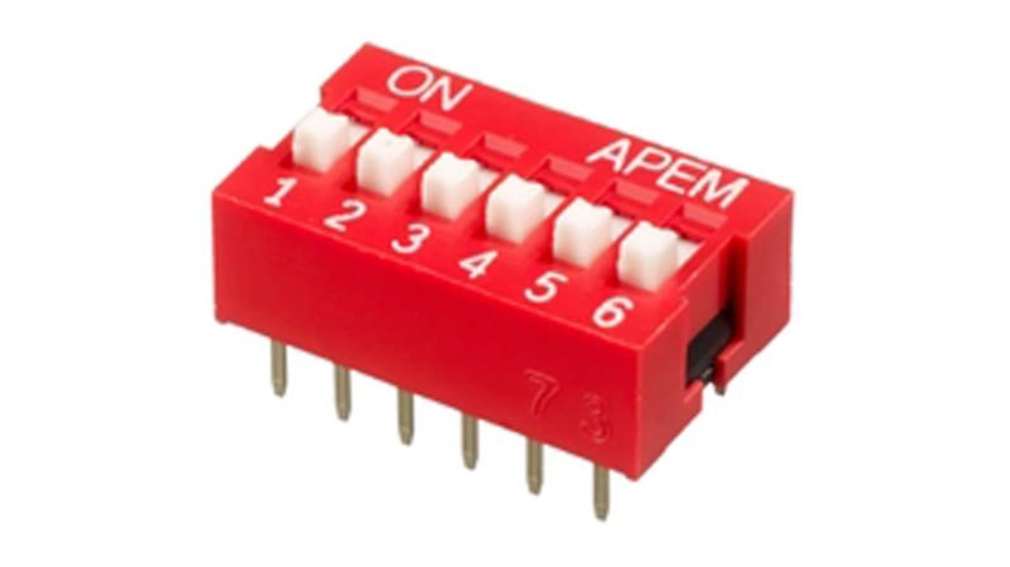 APEM 6位DIP开关, 凹入执行器, 6PST触点, 通孔安装, 24V 直流