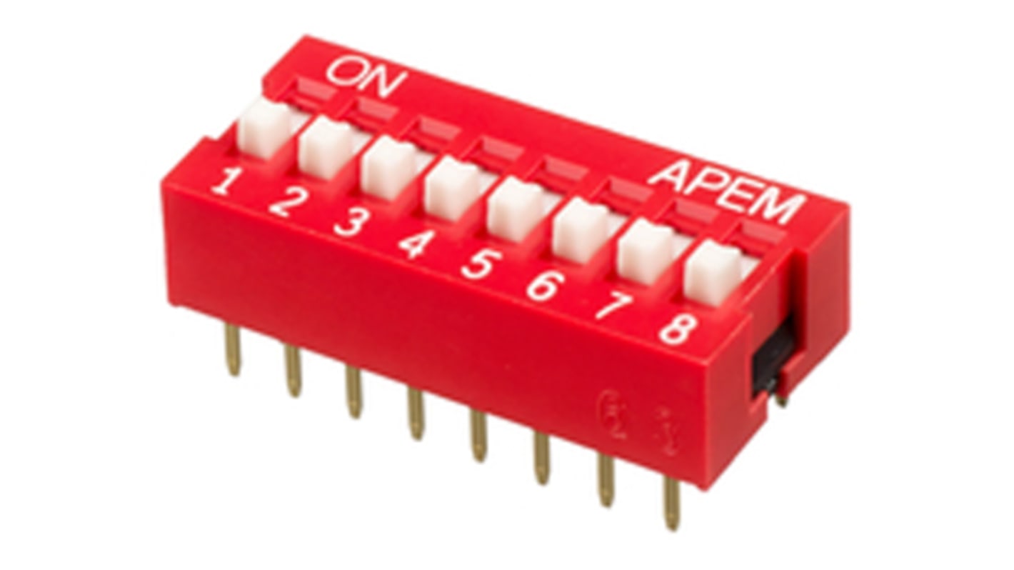 APEM 8 Way Through Hole DIP Switch 8PST, Recessed Actuator
