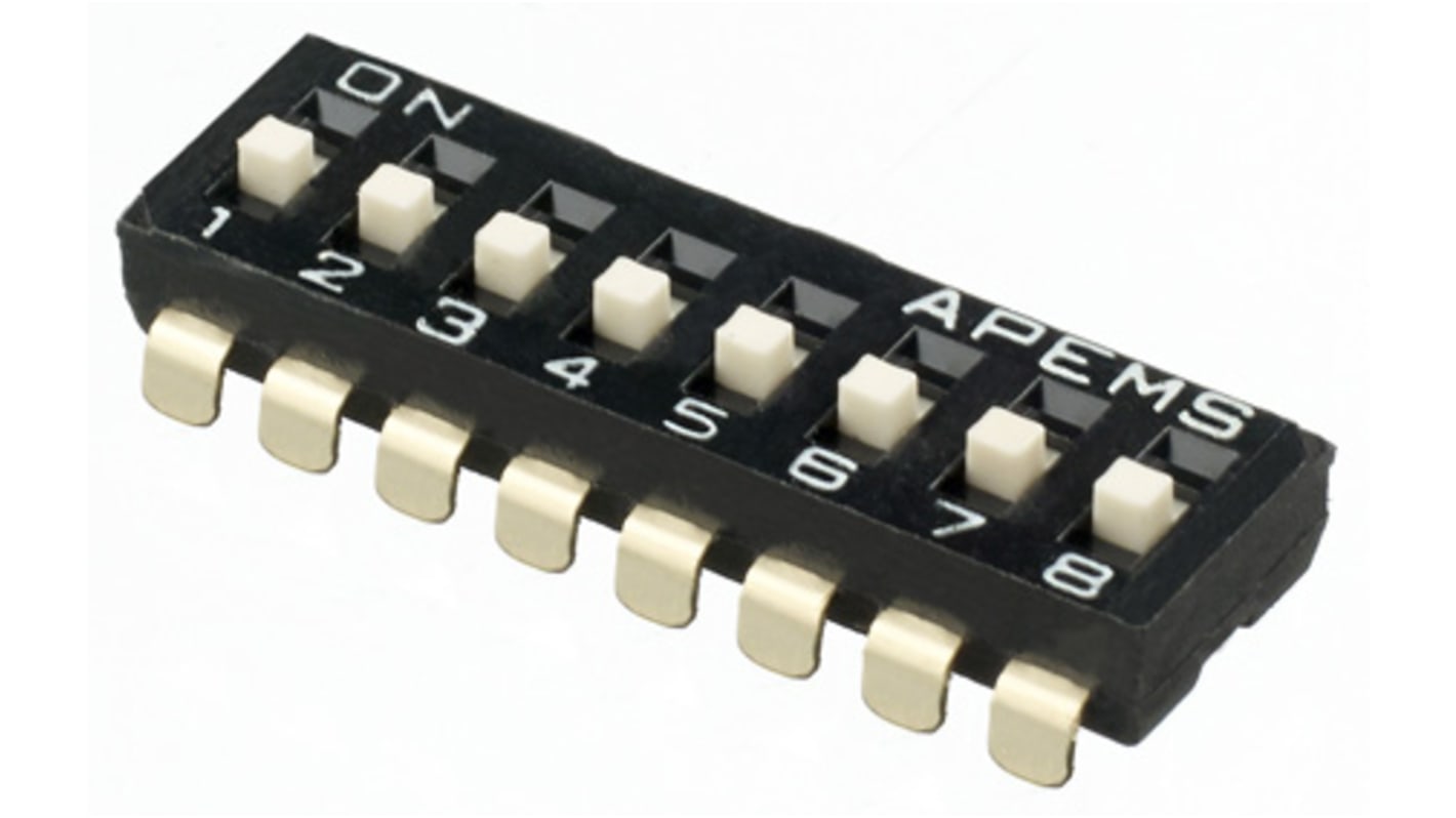 APEM 8位DIP开关, 凹入顶部侧杆执行器, 8PST触点, 表面安装, 24V 直流