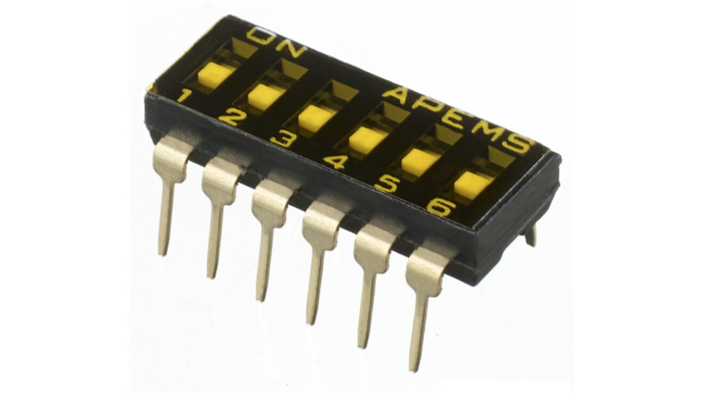 APEM 6 Way Through Hole DIP Switch 6PST, Recessed, Top Side Lever Actuator