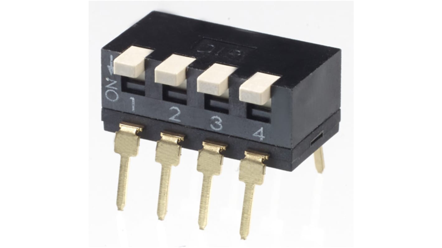 APEM 4 Way Through Hole DIP Switch 4PST, Piano, Raised Actuator
