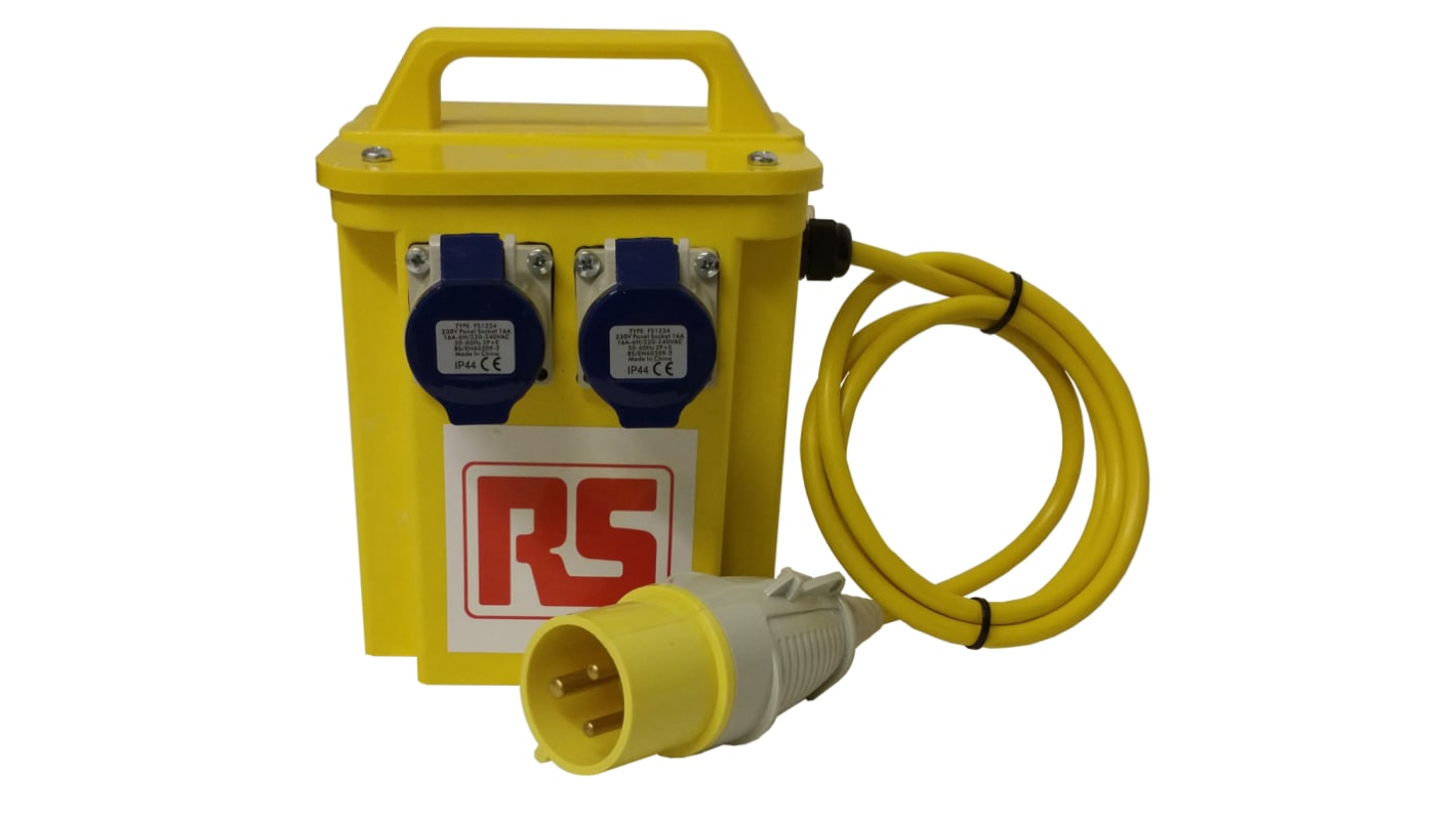RS PRO 3.3 kVA Intermittent 5 Mins on 15 Mins off Site Transformer, 110V Primary, 230V Secondary, 2 x 16A O/P