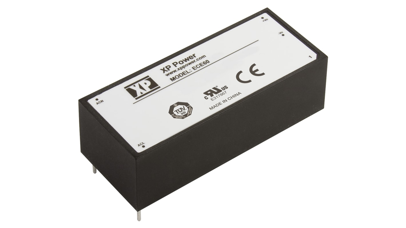 XP Power Switching Power Supply, ECE60US12, 12V dc, 5A, 60W, 1 Output, 120 → 370 V dc, 85 → 264 V ac